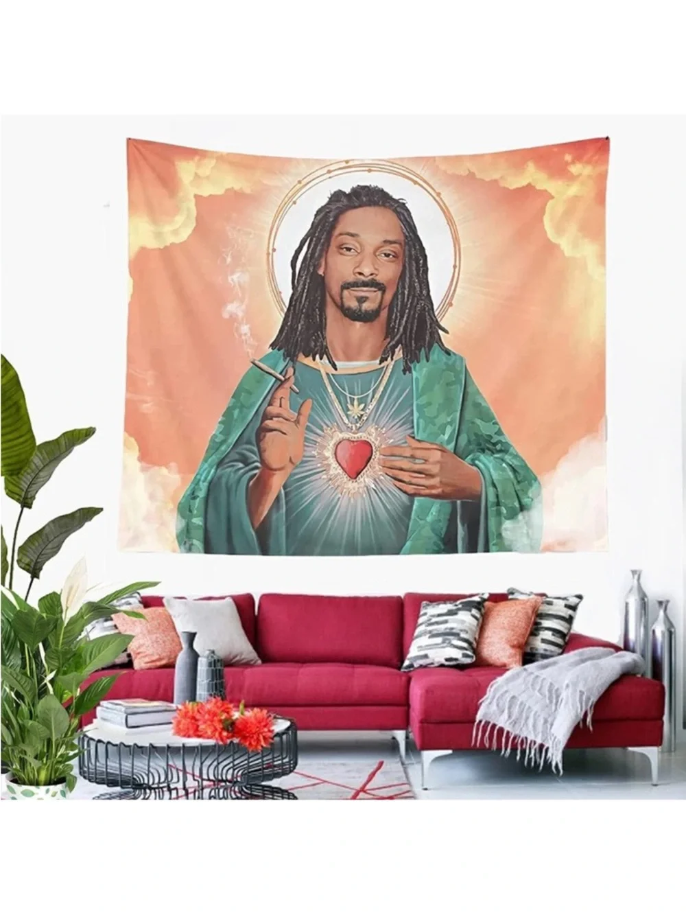 Spiritual Heart Wall Tapestry in Peach and Teal.